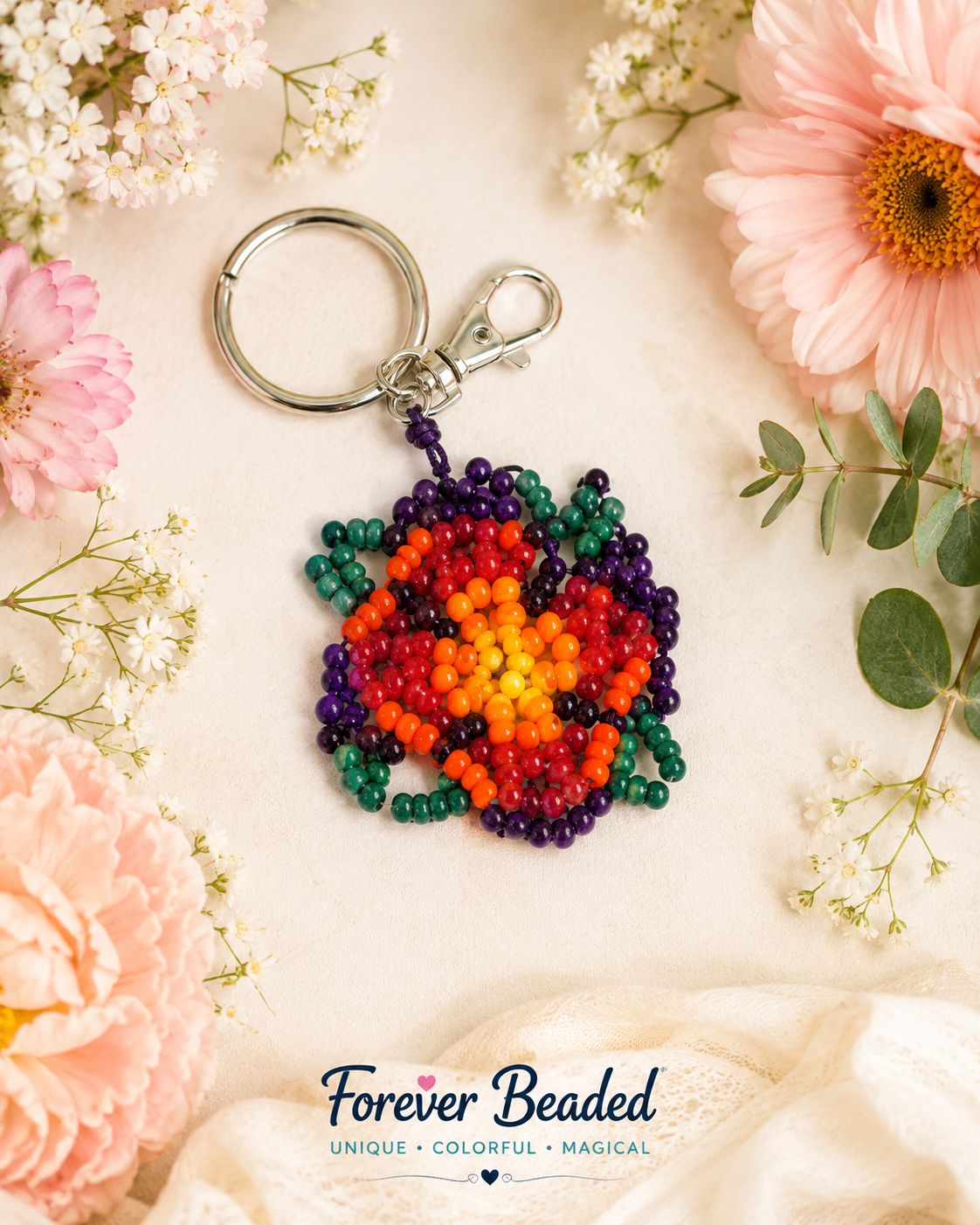 Detailed purple handmade beaded flower close-up