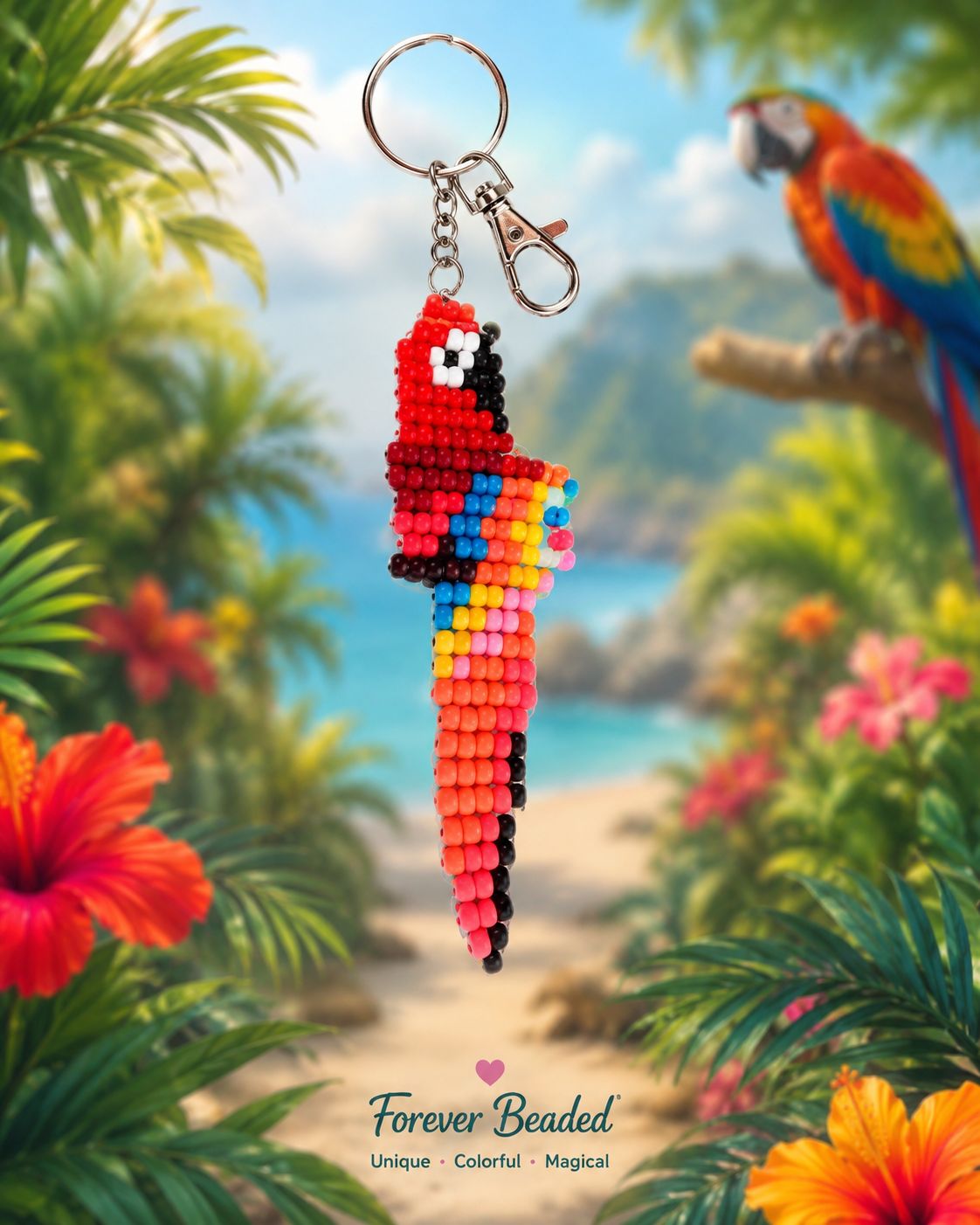 Close-up of the Sunset Macaw handmade beaded keepsake