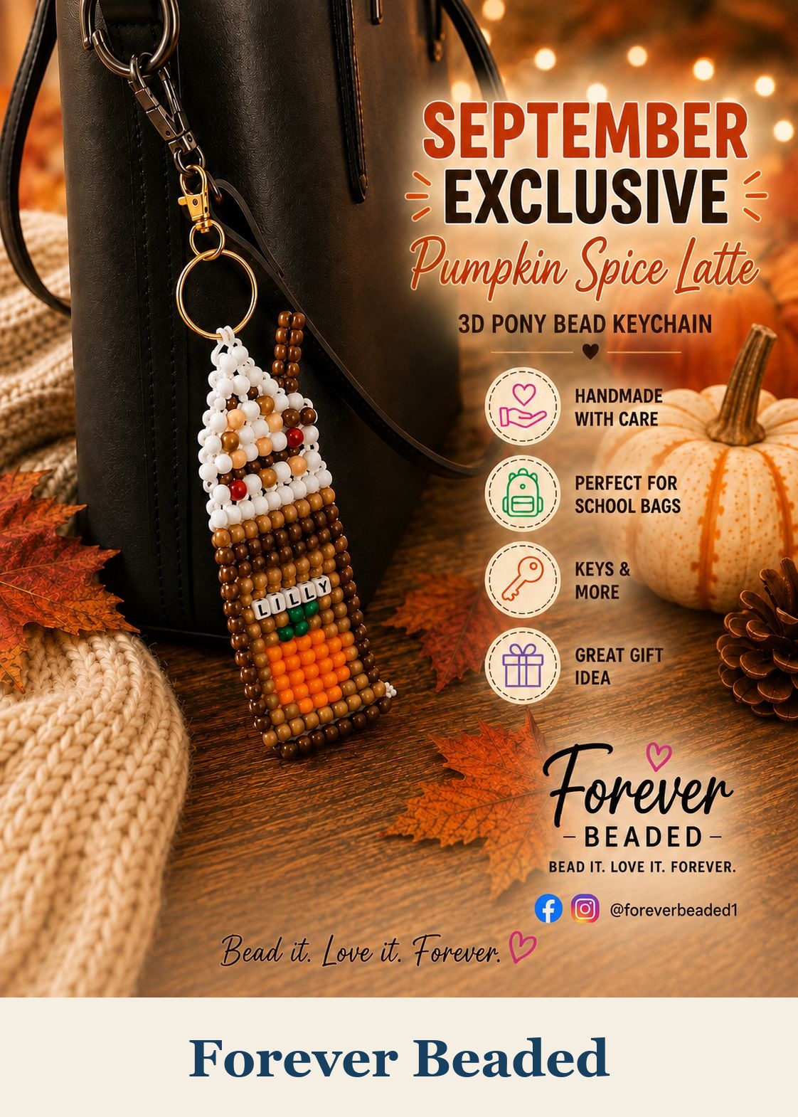 Handmade beaded Pumpkin Spice Latte keychain by Forever Beaded