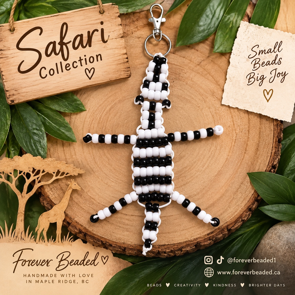 Forever Beaded Zebra keychain