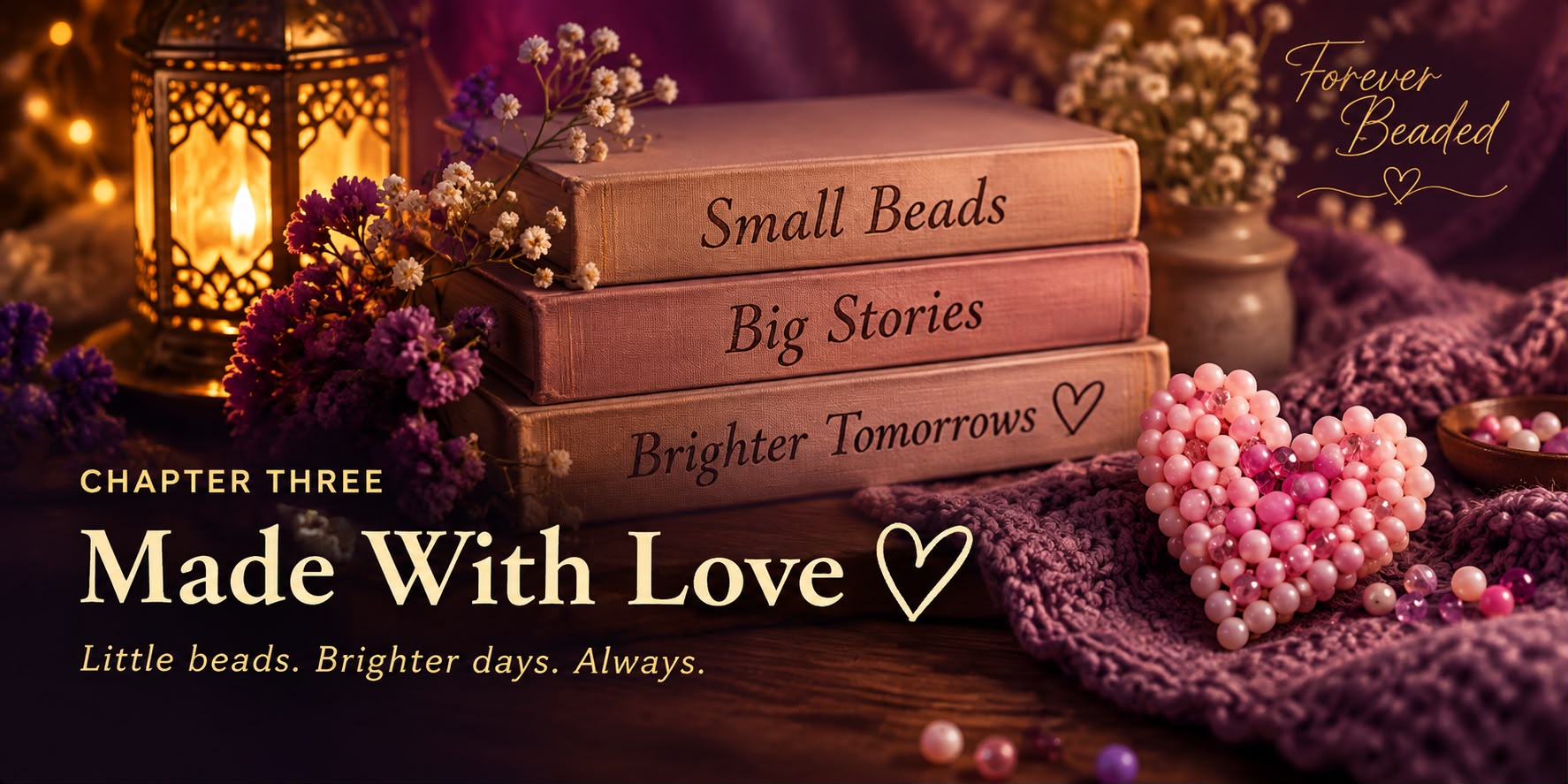 Small Beads, Big Stories, Brighter Tomorrows artwork with a pink beaded heart