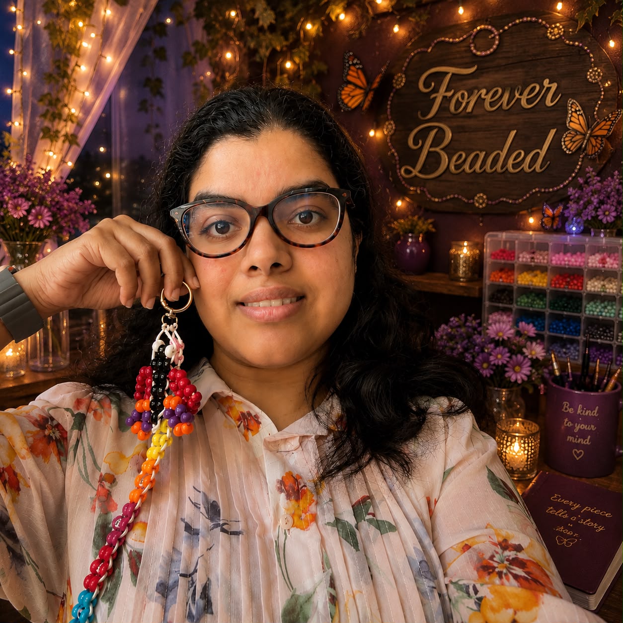 Gladlyn, founder and maker of Forever Beaded, holding a handmade beaded keepsake in her studio.