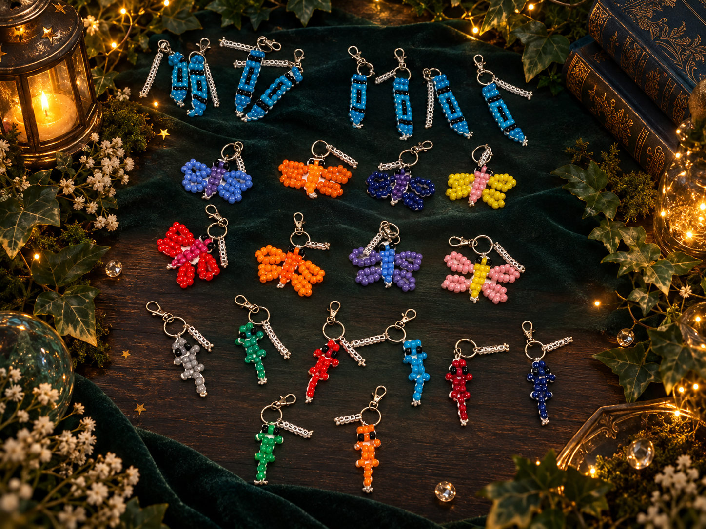 A magical display of assorted handmade Forever Beaded keychains